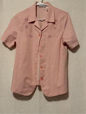 Alfred Dunner Pink Striped Short-Sleeve Button-Down with Floral Cutwork